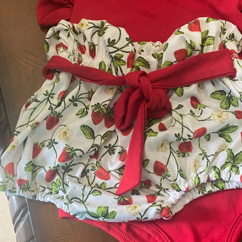 Charming Red Ruffle Bodysuit with Strawberry Print shorts